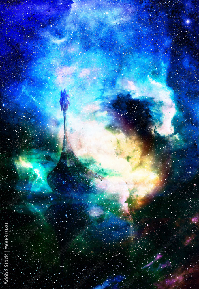 Viking Boat in space and stars, computer collage, Boat with wood dragon. Viking Boat in space and stars, computer collage, Boat with wood dragon.