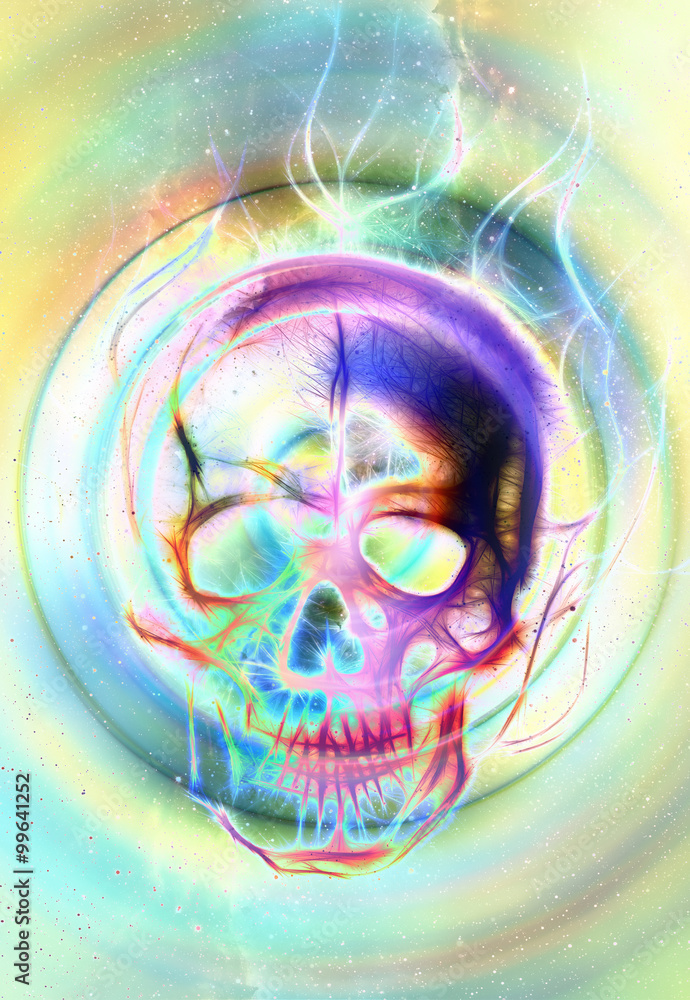 Skull and fractal effect. Color background, computer collage.
