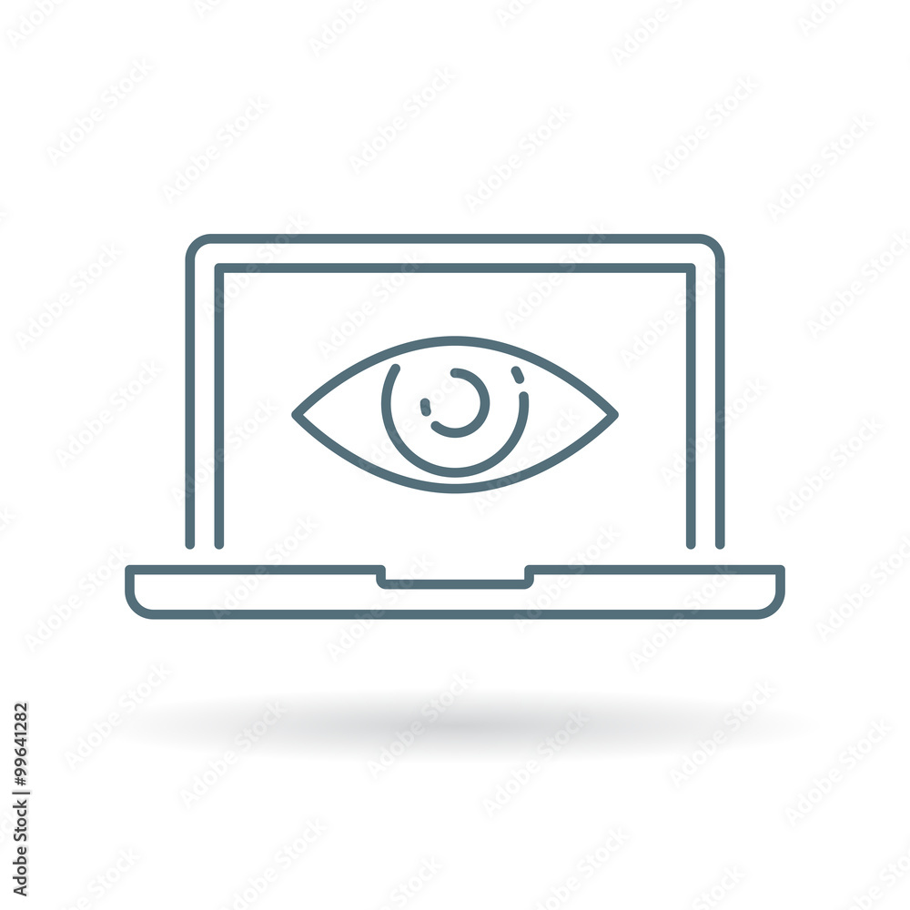 Laptop eye icon. Notebook with retina display sign. Laptop eye scan symbol. Thin line icon on white background. Vector illustration. Laptop eye icon. Notebook with retina display sign. Laptop eye scan symbol. Thin line icon on white background. Vector illustration.
