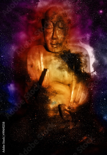 Fototapeta Naklejka Na Ścianę i Meble -  Buddha in space and stars, galaxy background. computer collage. Religion concept.