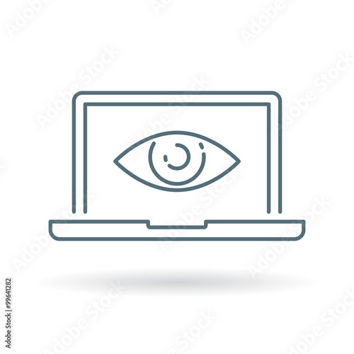 Laptop eye icon. Notebook with retina display sign. Laptop eye scan symbol. Thin line icon on white background. Vector illustration.