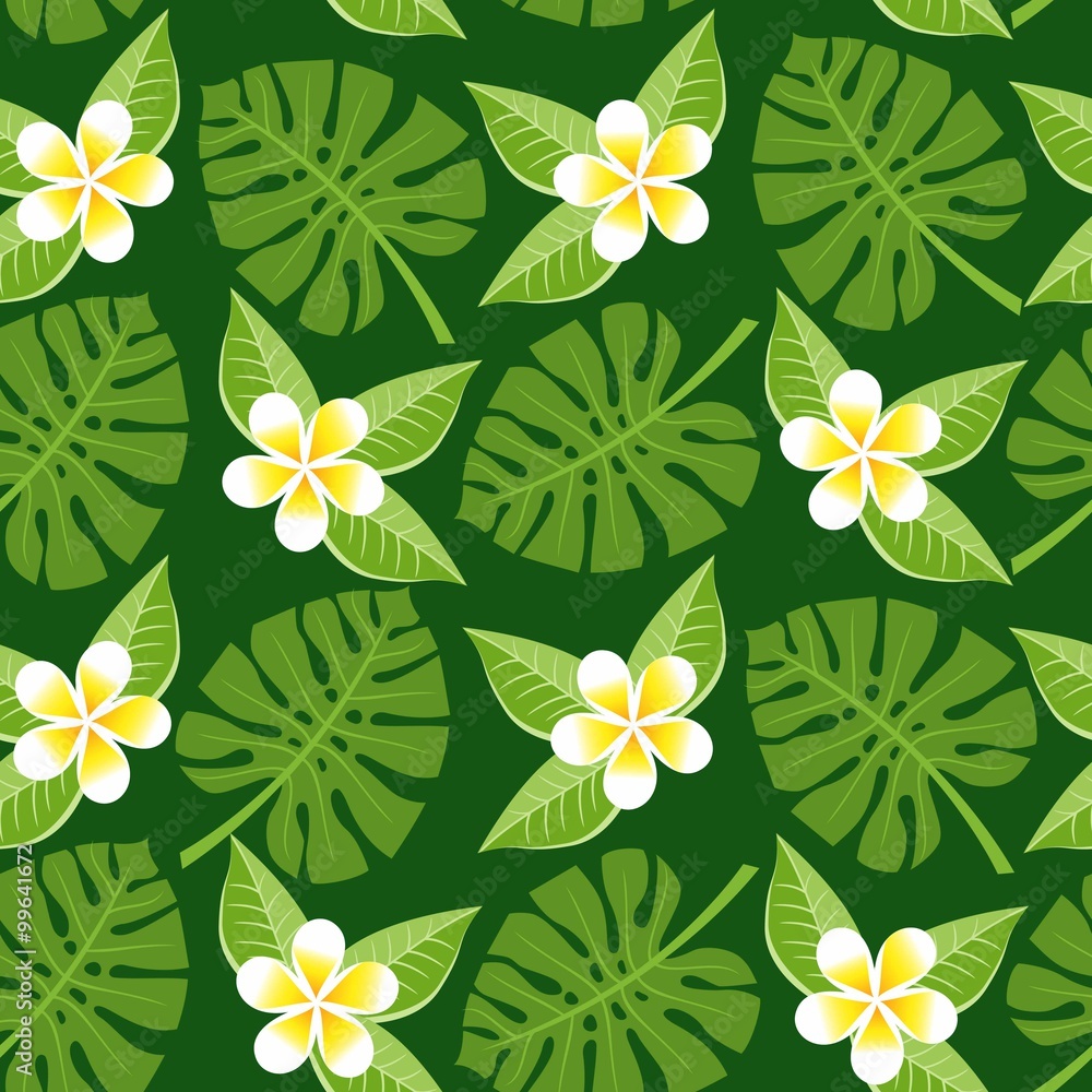 Obraz premium seamless tropical leaves and flowers - monstera and plumeria