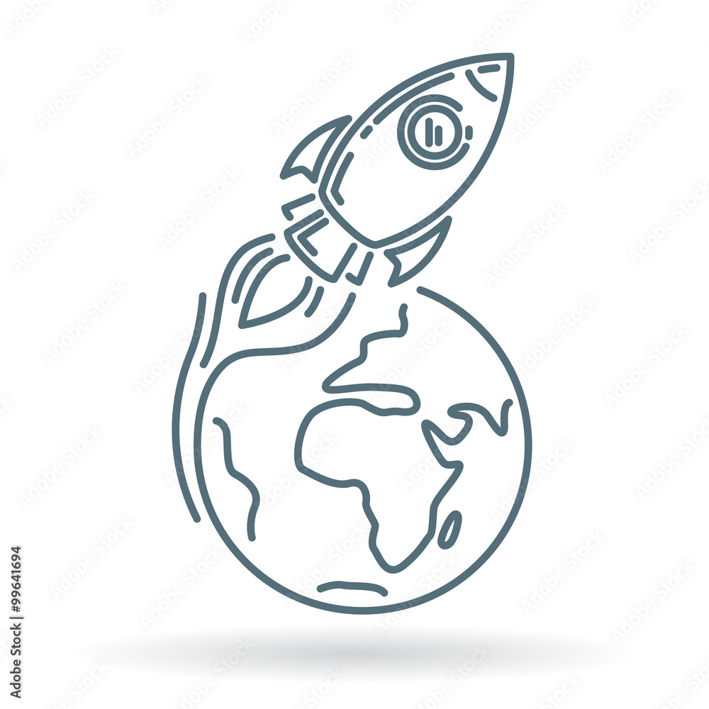 Conceptual rocket orbit earth icon. Rocket flying around earth sign. Spaceship orbit planet symbol. Thin line icon on white background. Vector illustration of rocket orbiting earth. Conceptual rocket orbit earth icon. Rocket flying around earth sign. Spaceship orbit planet symbol. Thin line icon on white background. Vector illustration of rocket orbiting earth.