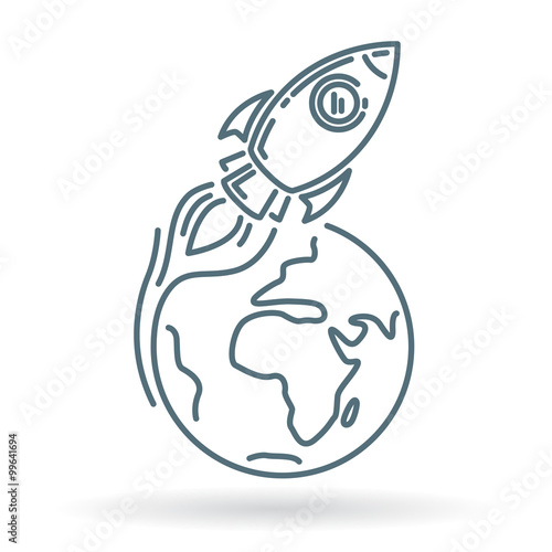 Conceptual rocket orbit earth icon. Rocket flying around earth sign. Spaceship orbit planet symbol. Thin line icon on white background. Vector illustration of rocket orbiting earth.