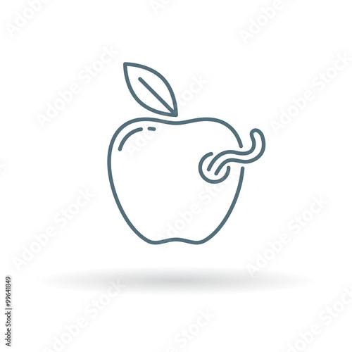 Rotten apple icon. Worm in apple sign. Bad apple symbol. Thin line icon on white background. Vector illustration.