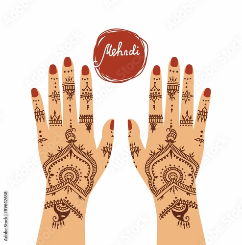 Element yoga mudra hands with mehendi patterns. Vector illustration for a yoga studio, tattoo, spas, postcards, souvenirs. Indian traditional lifestyle.