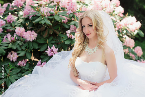 Portrait of a young beautiful bride on the nature, hairstyle, make-up