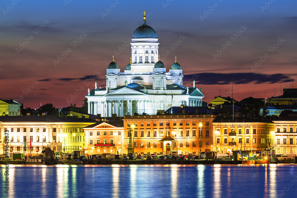 Night scenery of the Old Town in Helsinki, Finland