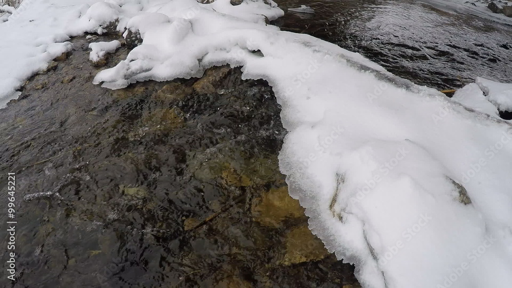 Heavy snowfall on winter river.
