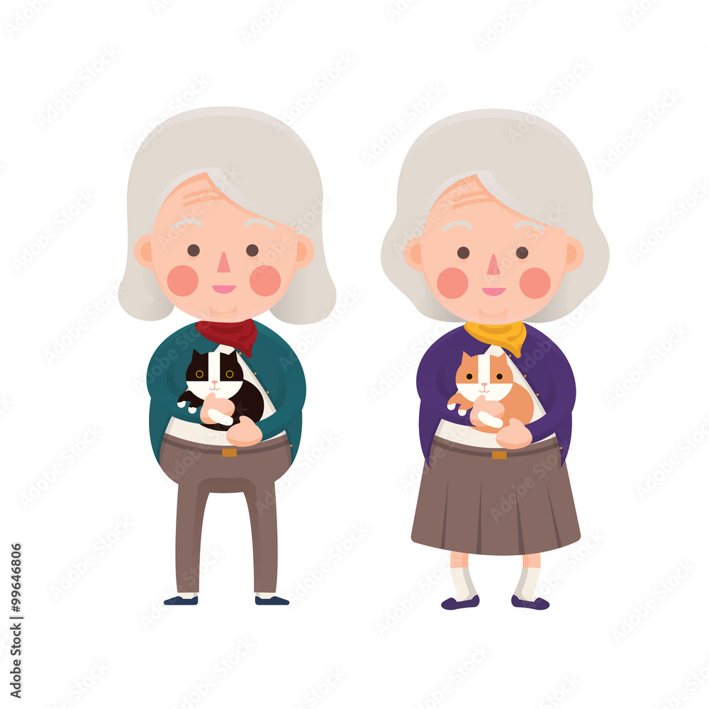 Vector Illustration of Two Senior Women Holding Cat, Black and Orange, Cartoon Character Vector Illustration of Two Senior Women Holding Cat, Black and Orange, Cartoon Character