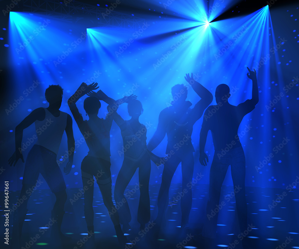Disco party background with blue light rays and a group of young