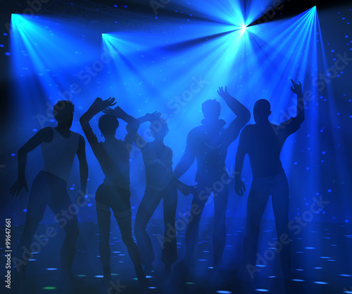 Disco party background with blue light rays and a group of young people dancing. 3d illustration.