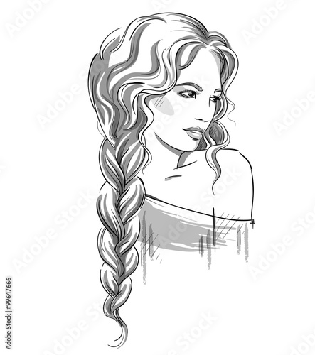 Sketch of a beautiful girl with braid. Black and white. Fashion