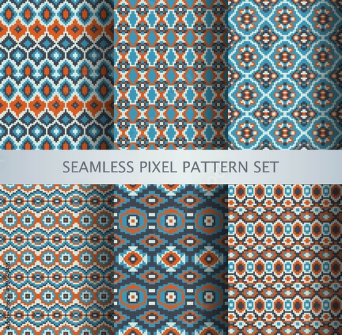 Collection of pixel colorful seamless patterns with stylized Greenland national ornament. Vector illustration.