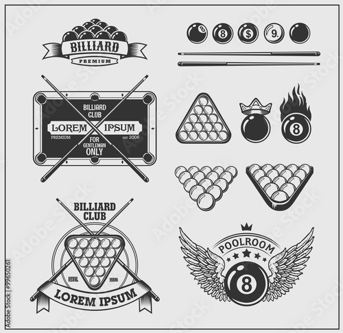 Set of billiards labels, emblems and design elements.