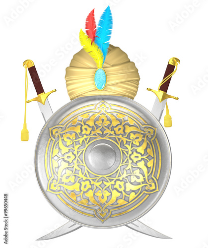 Shield and crossed scimitar swords with turban
