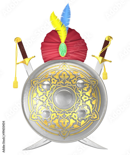 Fotografia Shield and crossed scimitar swords with turban
