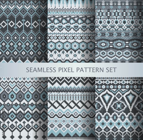 Collection of pixel gray seamless patterns with stylized Greenland national ornament. Vector illustration.