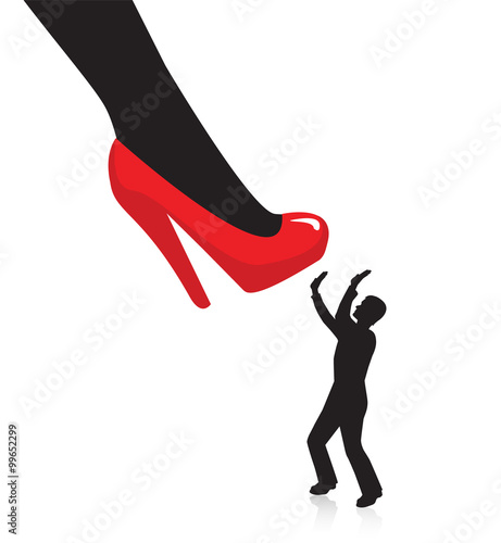 Women's leg in high heels preparing to crush a man. little Silhouette of a man trying to close a and hands