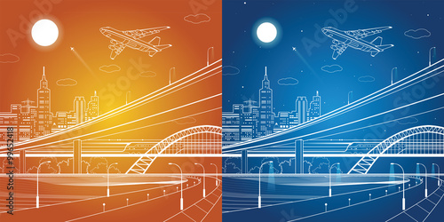 Car overpass, city infrastructure, urban plot, plane takes off, train move, transport illustration, vector design art