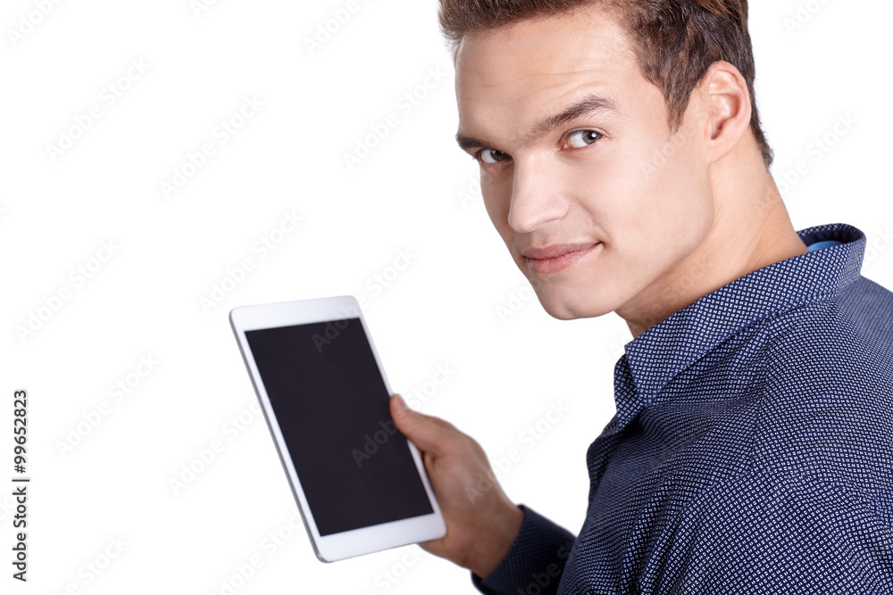 Happy Young Man Using Digital Tablet Isolated On White Backgroun Happy Young Man Using Digital Tablet Isolated On White Backgroun