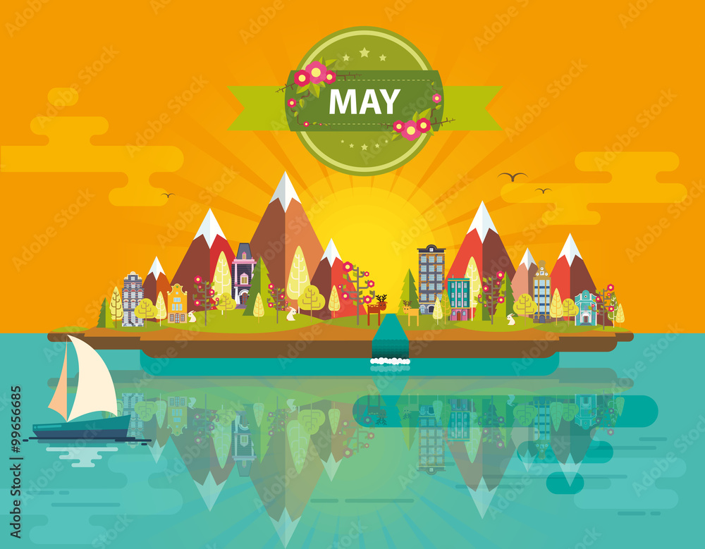 Fototapeta premium Spring landscape. Small town