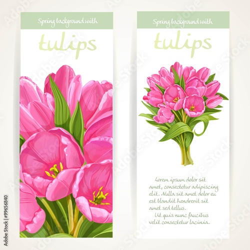Fototapeta Naklejka Na Ścianę i Meble -  Two vertical spring banners with pink tulips bouquet on a white
