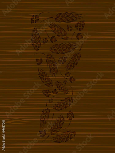 Decorative vector glass of beer from hops and malt on a wooden texture
