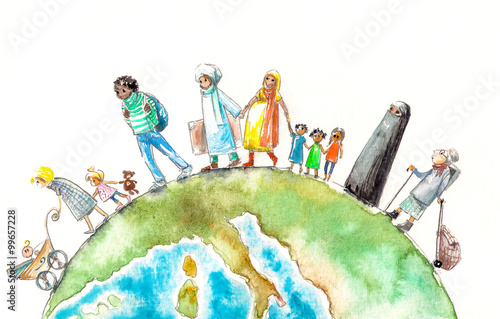 Schilderij op canvas Illustration of people different nationalities going on a Earth