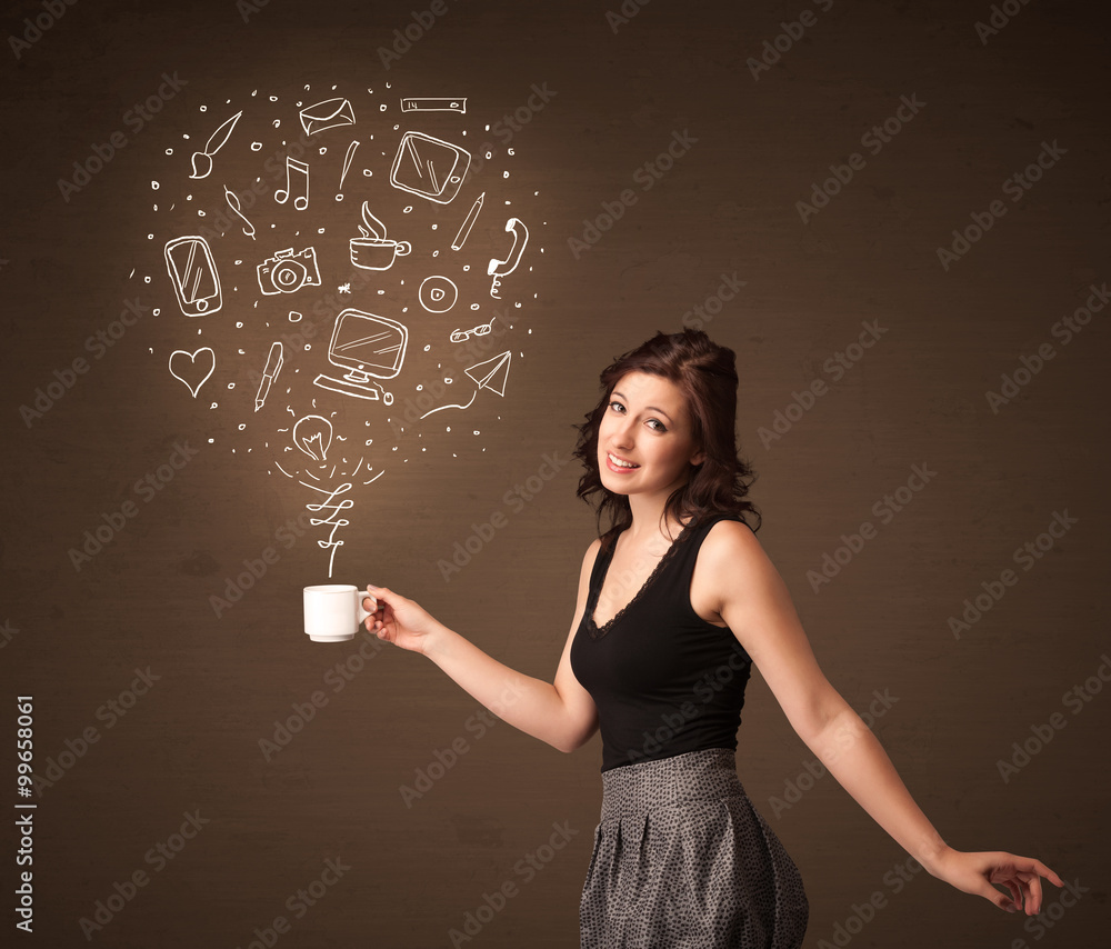 Businesswoman holding a white cup with social media icons Businesswoman holding a white cup with social media icons