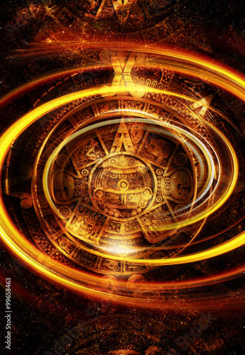 Ancient Mayan Calendar, Cosmic space and stars, abstract color Background, computer collage. Yeloow circle.