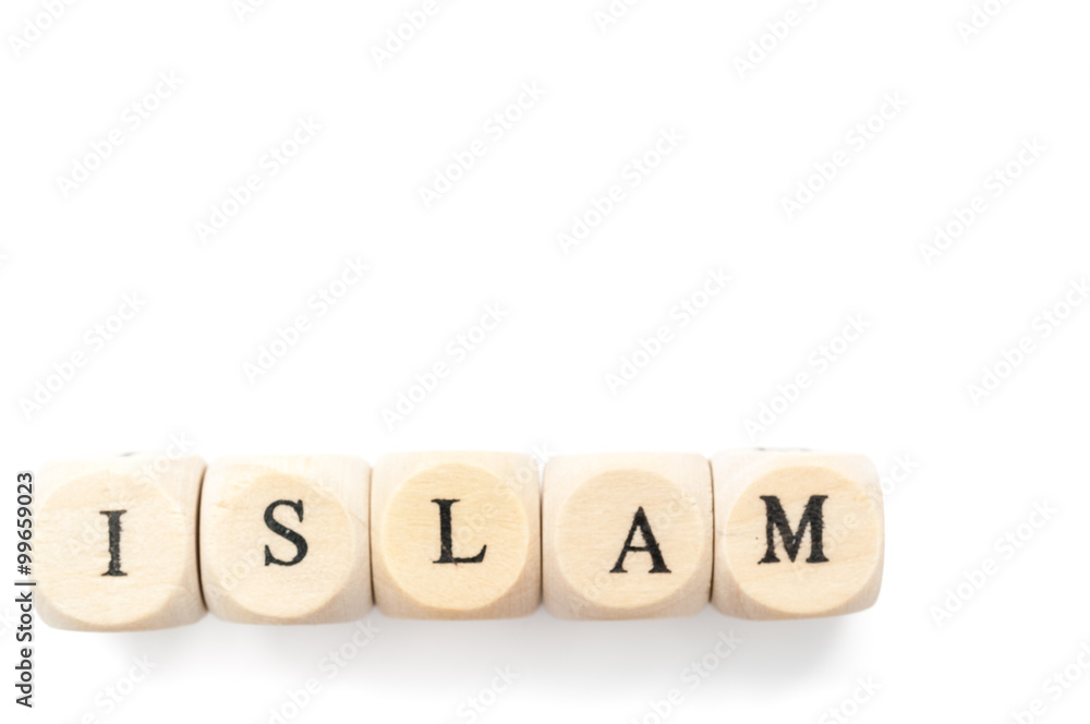 Close up of Islam letters on wooden blocks†on white background Close up of Islam letters on wooden blocks†on white background