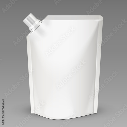 White Mock Up Blank Pack, Foil Food Or Drink Bag Packaging With Spout Lid. Plastic Pack Template Ready For Your Design. Vector EPS10