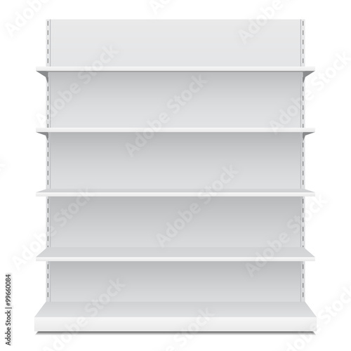 White Long Blank Empty Showcase Displays With Retail Shelves Front View 3D Products On White Background Isolated. Ready For Your Design. Product Packing. Vector EPS10