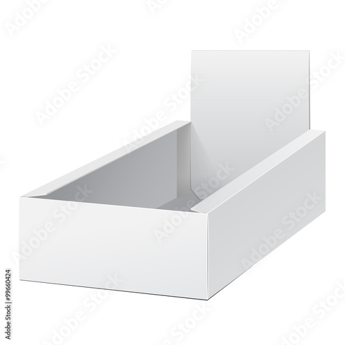 White Display Holder Box POS POI Cardboard Blank Empty. Products On White Background Isolated. Ready For Your Design. Mockup Product Packing. Vector EPS10 