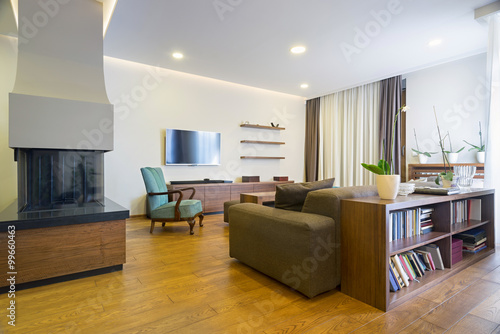 Interior of a modern living room with fireplace