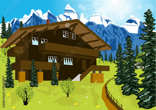 wooden chalet in mountain alps at rural summer landscape