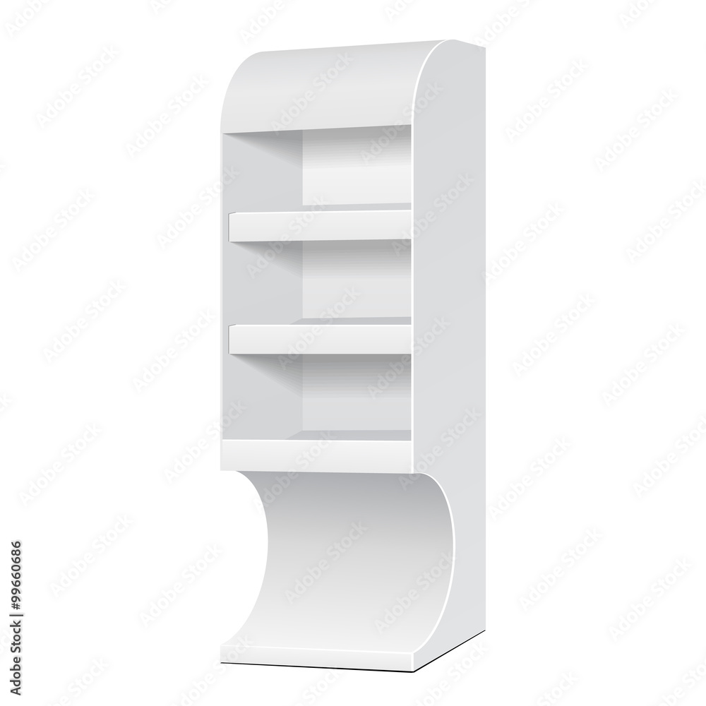 White POS POI Cardboard Floor Display Rack For Supermarket Blank Empty Displays With Shelves Products On White Background Isolated. Ready For Your Design. Product Packing. Vector EPS10 White POS POI Cardboard Floor Display Rack For Supermarket Blank Empty Displays With Shelves Products On White Background Isolated. Ready For Your Design. Product Packing. Vector EPS10