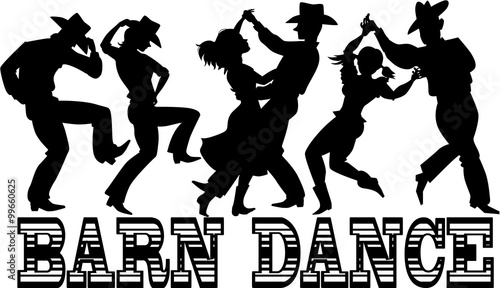 Black vector silhouette of three couples in western style clothes dancing, banner Barn Dance at the bottom, no white objects, EPS 8