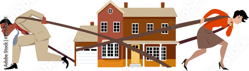 Man and woman pulling a house apart as a metaphor for a divorce and division of assets, EPS 8 vector illustration, no transparencies