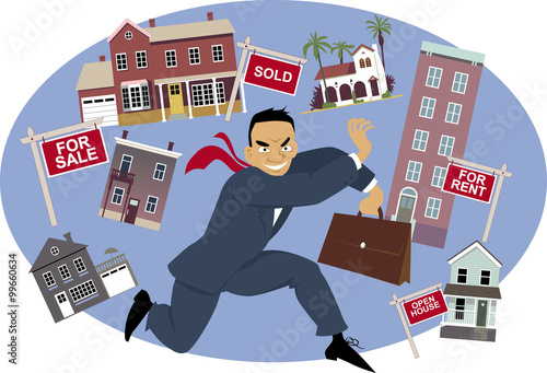 Ninja realtor in martial arts stance juggling multiple properties, EPS 8 vector illustration