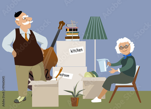 Elderly couple unpacking at the new house or apartment, EPS 8 vector illustration