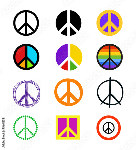 Set of peace signs. Colorful symbols in different styles.
