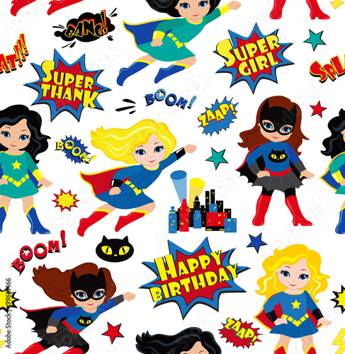 Seamless superhero girls background pattern in vector.