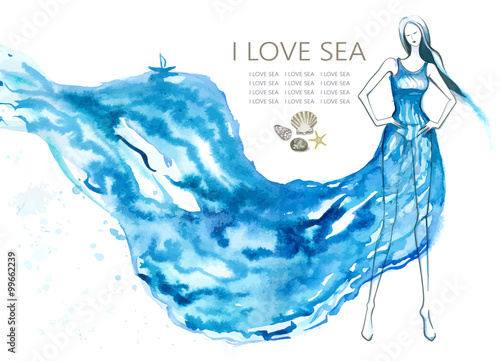 Fashion model woman with blue sea dress. Abstract vector illustration, EPS 10.