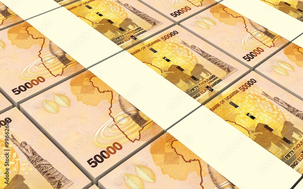 Ugandan shillings bills stacks background. Computer generated 3D photo rendering.