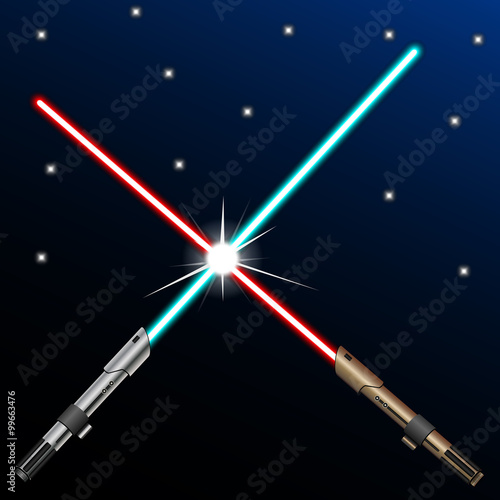 New design red and blue crossed light swords on blue night sky background. Star wars concept. Vector illustration