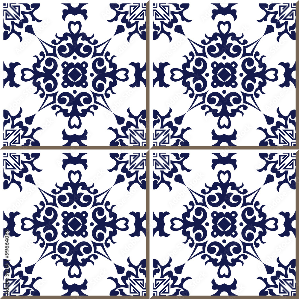 Vintage seamless wall tiles of blue spiral leaf cross flower, Moroccan, Portuguese.
