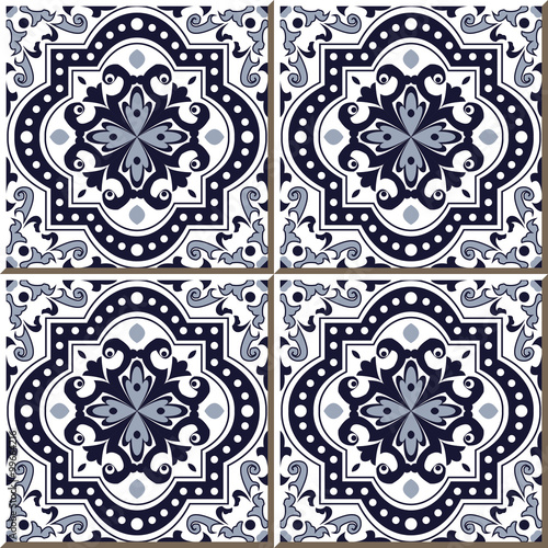 Vintage seamless wall tiles of blue round curve square dot line, Moroccan, Portuguese.
