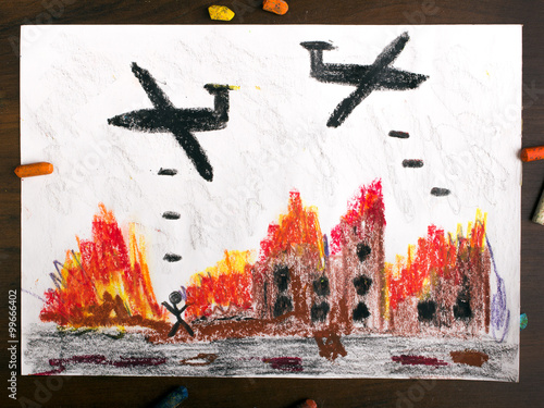 rysunek dziecięcy przedstawiający nalot bombowy 

